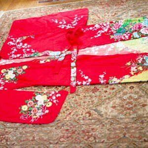 Authentic Red Kimono robe with cherry blossoms and peacock beautiful print